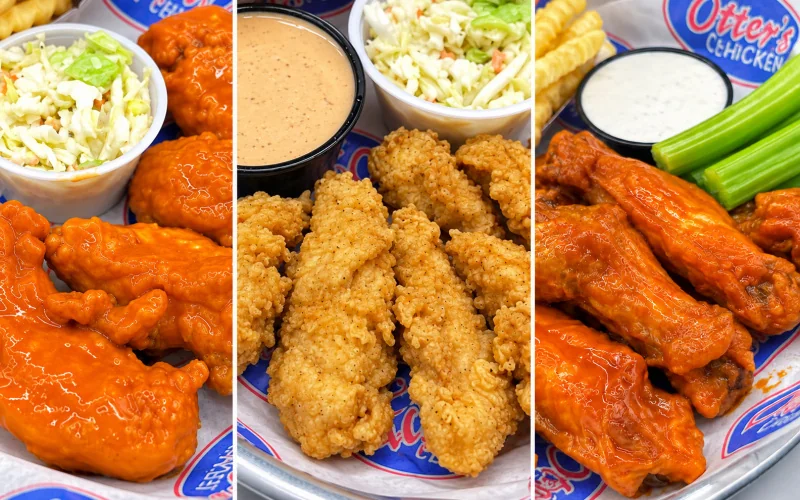 Otter’s Chicken tenders and wings Buffalo tenders, golden fried chicken tenders with Otter’s Sauce, and buffalo wings with celery
